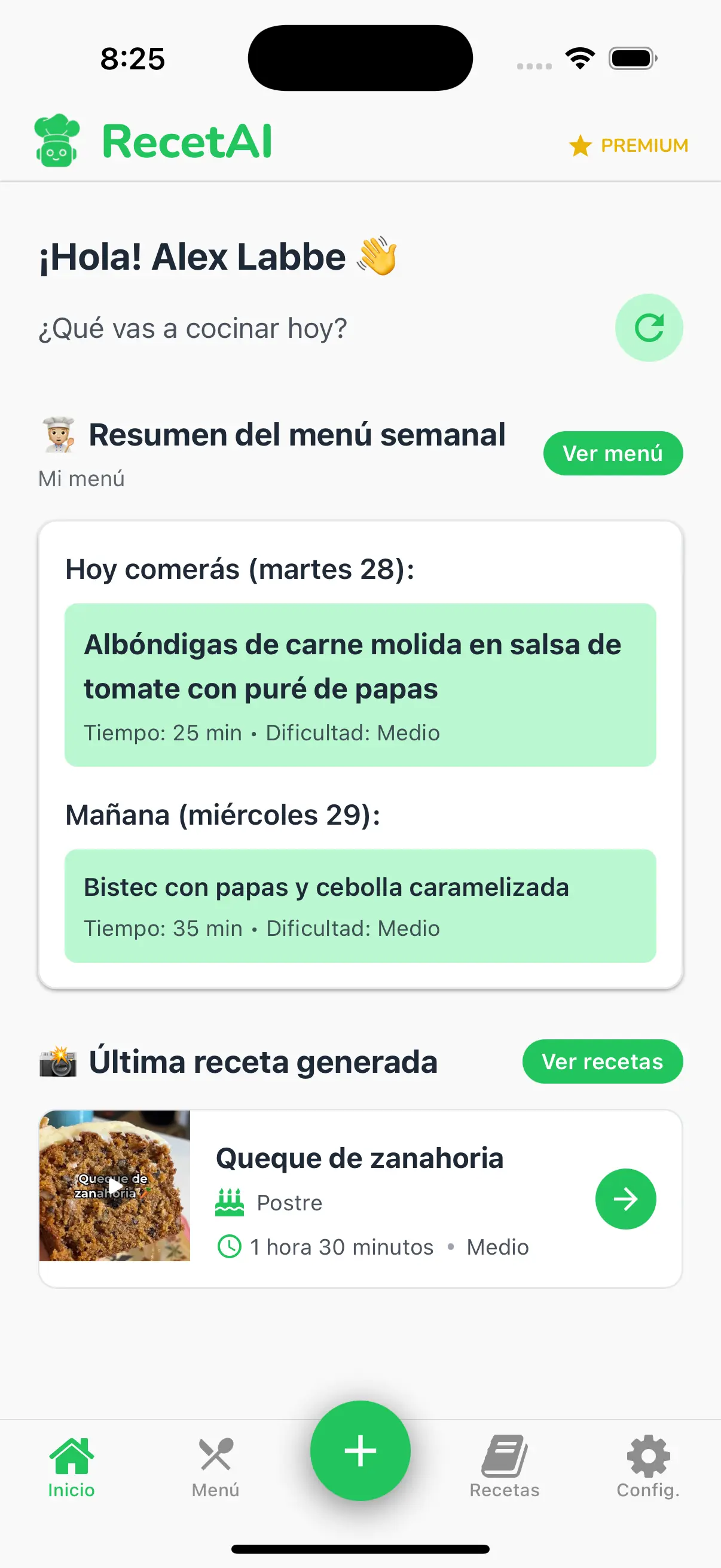 Pantalla de inicio de RecetAI con el resumen del menú semanal y la última receta generada